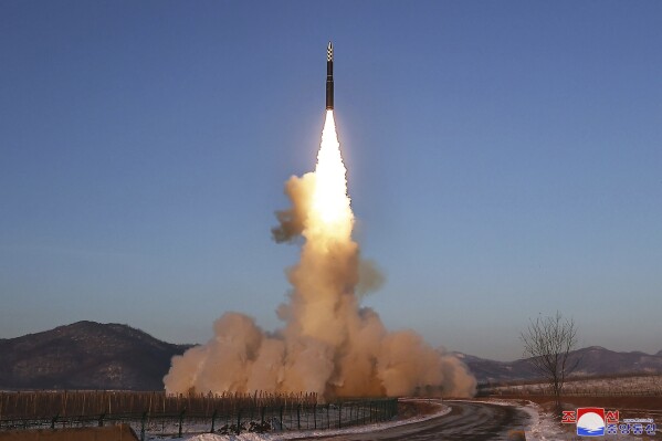 This undated photo provided Tuesday, Dec. 19, 2023, by the North Korean government shows what it says is a test launch of an intercontinental ballistic missile from an undisclosed location in North Korea. Independent journalists were not given access to cover the event depicted in this image distributed by the North Korean government. The content of this image is as provided and cannot be independently verified. Korean language watermark on image as provided by source reads: "KCNA" which is the abbreviation for Korean Central News Agency. (Korean Central News Agency/Korea News Service via AP)