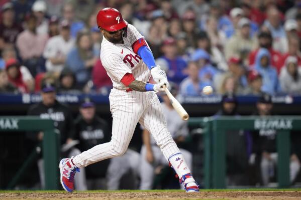 Edmundo Sosa of the Philadelphia Phillies reacts after hitting an