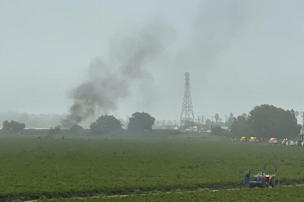 In this photo provided by the Ventura County Fire Department is the scene where a small plane crashed and burned in a strawberry field in Oxnard, Calif., on Friday, June 10, 2022.. (Ventura County Fire Department via AP)