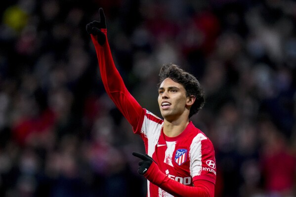 FILE - Atletico Madrid's Joao Felix celebrates scoring the opening goal during a Spanish La Liga soccer match between Atletico Madrid and Alaves at the Wanda Metropolitano stadium in Madrid, Spain, April 2, 2022. Barcelona announced Friday Sept. 1, 2023, that Portugal forward Joao Felix will join the Spanish champions on loan from Atletico Madrid for this season. (AP Photo/Manu Fernandez, File)