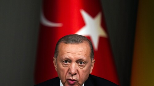 FILE - Turkey's President Recep Tayyip Erdogan talks to journalists during a joint news conference with Ukraine's President Volodymyr Zelenskyy following their meeting in Istanbul, Turkey, early Saturday, July 8, 2023. (AP Photo/Francisco Seco, File)