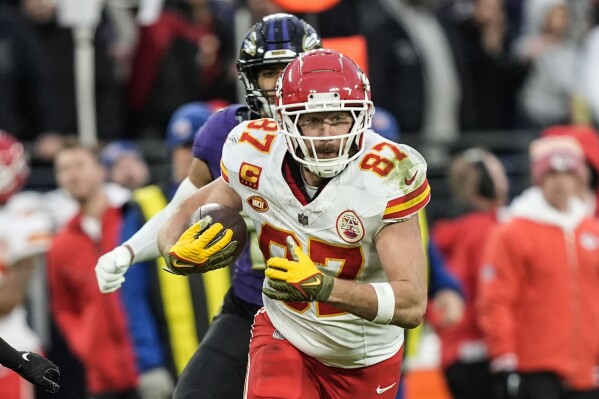 Kansas City Chiefs tight end Travis Kelce (87) runs against the Baltimore Ravens during the first half of an AFC Championship NFL football game, Sunday, Jan. 28, 2024, in Baltimore. (AP Photo/Alex Brandon)