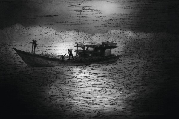 在一艘小渔船上，罗兴亚难民面临虐待和其他恐怖行为。（美联社插图/彼得·哈姆林）