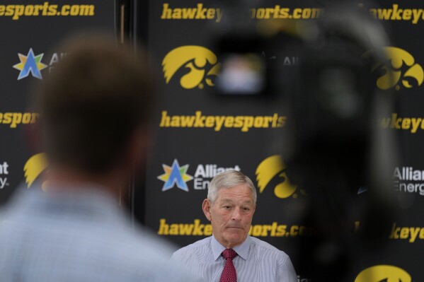 Iowa head coach Kirk Ferentz speaks during a news conference, Tuesday, Oct. 31, 2023, in Iowa City, Iowa. Iowa interim athletic director Beth Goetz announced on Monday that Ferentz's son, Brian, would not return as offensive coordinator next year. (AP Photo/Charlie Neibergall)
