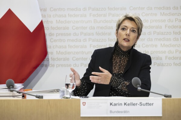 Swiss Federal Councillor Karin Keller-Sutter, speaks during a media conference on the Federal Council's report on the Too-Big-To-Fail (TBTF) regulation, at the Federal Palace Media Centre in Bern, Switzerland, Wednesday, April 10, 2024. The Swiss government Wednesday announced steps to bolster its “too big to fail” rules aimed at avoiding potentially disastrous fallout from banking sector turmoil after woes last year at Credit Suisse before it was taken over by rival UBS. (Anthony Anex/Keystone via AP)