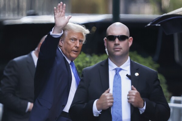 Former president Donald Trump leaves Trump Tower on his way to Manhattan criminal court, Monday, April 22, 2024, in New York. Opening statements in Donald Trump's historic hush money trial are set to begin. Trump is accused of falsifying internal business records as part of an alleged scheme to bury stories he thought might hurt his presidential campaign in 2016. (AP Photo/Stefan Jeremiah)