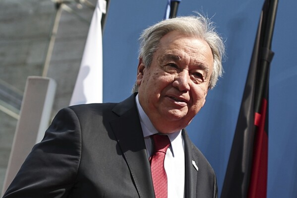 Secretary-General of the United Nations Antonio Guterres, arrives for the UN Peacekeeping Ministerial 2025, in Berlin, Tuesday, May 13, 2025. (Hannes P Albert/dpa via AP)