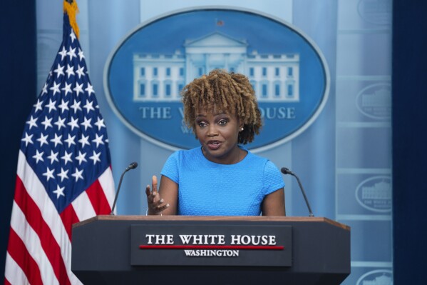 White House press secretary Karine Jean-Pierre speaks during a briefing at the White House, Wednesday, May 1, 2024, in Washington. (AP Photo/Evan Vucci)