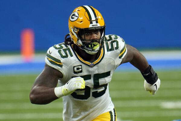 FILE - Green Bay Packers outside linebacker Za'Darius Smith (55) plays against the Detroit Lions during the first half of an NFL football game in Detroit, Dec. 13, 2020. The Green Bay Packers signed outside linebacker Preston Smith to a contract extension and released outside linebacker Za’Darius Smith and offensive lineman Billy Turner in a flurry of moves before the start of the free-agency period. (AP Photo/Paul Sancya, File)