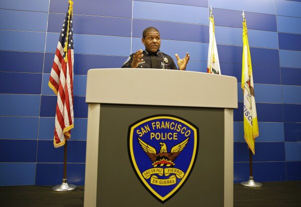 FILE - In this May 21, 2019, file photo, San Francisco Police Chief William Scott answers questions during a news conference in San Francisco. The San Francisco Police Department will stop releasing mugshots of people arrested unless they pose a threat in an effort to stop perpetuating racial stereotypes, the police chief announced Wednesday, July 1, 2020. (AP Photo/Eric Risberg, File)