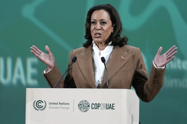 FILE - Vice President Kamala Harris speaks at the COP28 U.N. Climate Summit, Saturday, Dec. 2, 2023, in Dubai, United Arab Emirates. The White House is hosting nearly 100 lawmakers from around the country on Wednesday to work on how their states can try to reduce gun violence and Harris will speak to the lawmakers on Wednesday. (AP Photo/Kamran Jebreili, File)