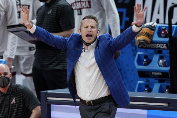 FILE - In this March 22, 2021, file photo, Alabama head coach Nate Oats directs his players during the second half against Maryland in the second round of the NCAA college basketball tournament at Bankers Life Fieldhouse in Indianapolis. (AP Photo/Mark Humphrey, File)