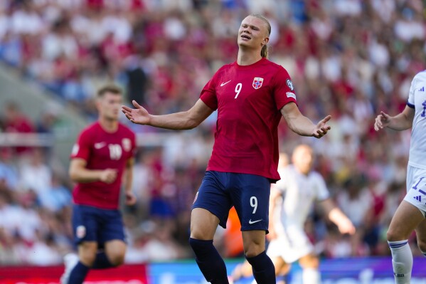 Norway's Erling Haaland reacts during the Euro 2024 group A qualifying soccer match between Norway and Scotland at Ullevaal Stadium in Olso, Norway, Saturday, June 17, 2023. (Fredrik Varfjell/NTB Scanpix via AP)