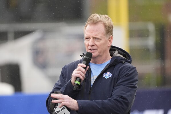 NFL football commissioner Roger Goodell addresses the crowd before the start of a Play Football Prospect Clinic with Special Olympics athletes, Wednesday, April 24, 2024 in Detroit. (AP Photo/Carlos Osorio)
