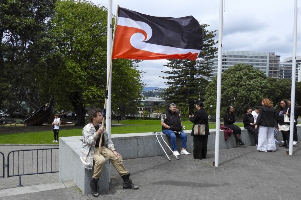 A protester against the Treaty Principles Bill sits outside Parliament in Wellington, New Zealand, Thursday, Nov. 14, 2024. (AP Photo/Charlotte Graham-McLay, File)