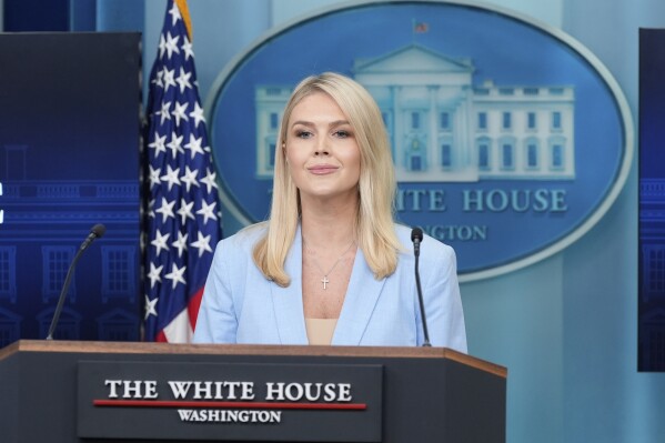 White House press secretary Karoline Leavitt listens during a briefing with reporters in the James Brady Press Briefing Room at the White House, Friday, May 9, 2025, in Washington. (AP Photo/Alex Brandon)