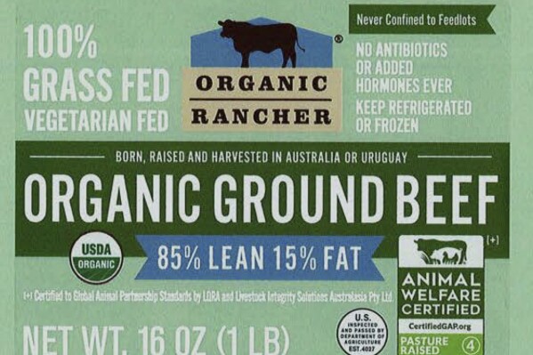 This image provided by The U.S. Safety and Inspection Service shows a package of Organic Rancher ground beef sold at Whole Foods markets that the U.S. agriculture officials are warning may be contaminated with potentially dangerous E. coli bacteria. (The U.S. Safety and Inspection Service via AP)