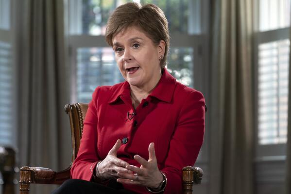 The First Minister of Scotland, Nicola Sturgeon, is interviewed, Tuesday, May 17, 2022, in Washington. Sturgeon spoke to the Associated Press Tuesday on her first US visit since the COVID lockdown. (AP Photo/Jacquelyn Martin)