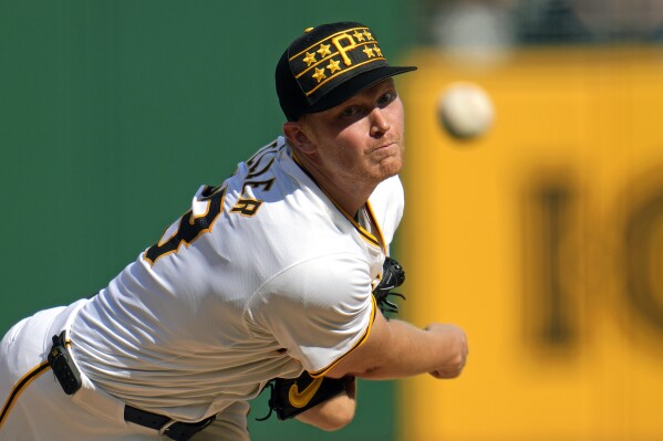 Pittsburgh Pirates starting pitcher Mitch Keller delivers during the second inning of a baseball game against the Atlanta Braves in Pittsburgh, Saturday, May 25, 2024. (AP Photo/Gene J. Puskar)