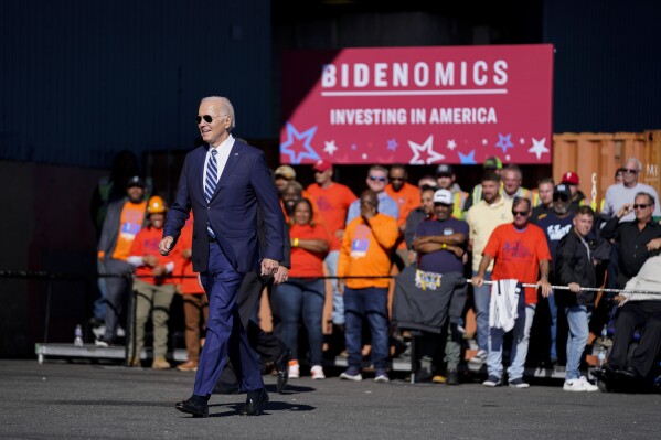 President Joe Biden arrives to speak at Tioga Marine Terminal, Friday, Oct. 13, 2023, in Philadelphia. (AP Photo/Evan Vucci)