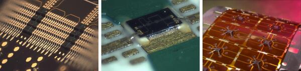 Semiconductor Packaging examples showing Printed 3D Interconnects for 3D stacked die (l), mmWave (c), and flex circuit (r). (Graphic: Business Wire)
