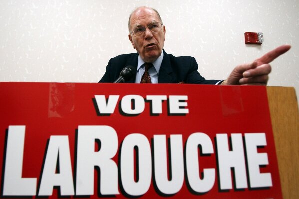 
              FILE - In this May 14, 2004, file photo, Democratic presidential hopeful Lyndon LaRouche Jr. campaigns in Montgomery, Ala. Fitting for a man who saw so much darkness in the world, LaRouche died on the fringes Tuesday, Feb. 12, 2019, his name little known to anyone under 50, his death rumored online a day before mainstream outlets confirmed it. His influence, however, will surely outlast him. (AP Photo/Dave Martin, File)
            
