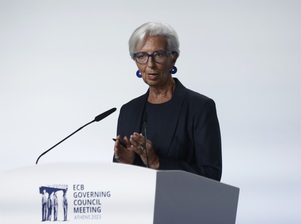 ECB President Christine Lagarde, right, speaks during a press conference at the Bank of Greece, in Athens, Thursday, Oct. 26, 2023. The European Central Bank left interest rates unchanged Thursday for the first time in over a year as the Israel-Hamas war spreads even more gloom over already downbeat prospects for Europe's economy. (AP Photo)