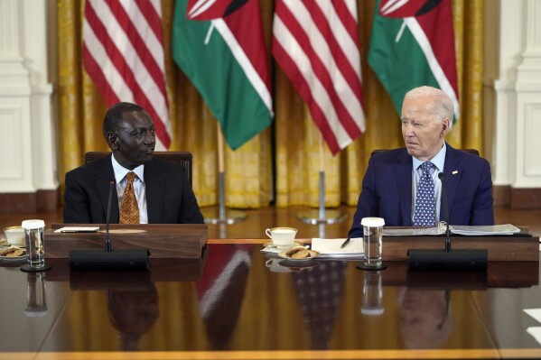 President Joe Biden and Kenya's President William Ruto meet with business leaders in the East Room of the White House in Washington, Wednesday, May 22, 2024. (AP Photo/Susan Walsh)