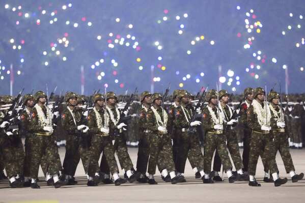 Military officers march during a parade to commemorate Myanmar's 80th Armed Forces Day in Naypyitaw, Myanmar, Thursday, March 27, 2025. (AP Photo/Aung Shine Oo, File)