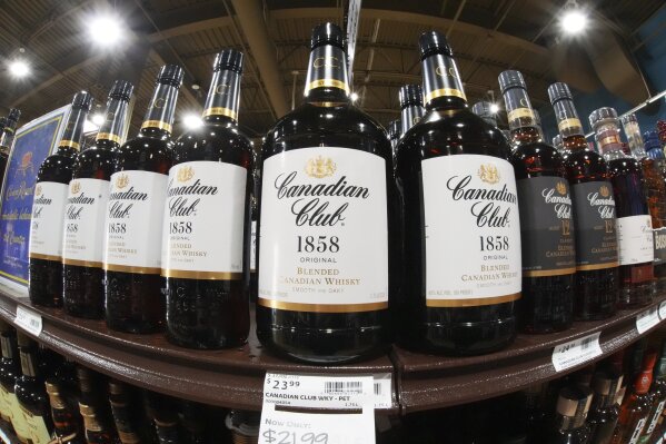 Canadian Bourbon sits on a shelf at a store in Pittsburgh, Tuesday, March 4, 2025. (AP Photo/Gene J. Puskar)