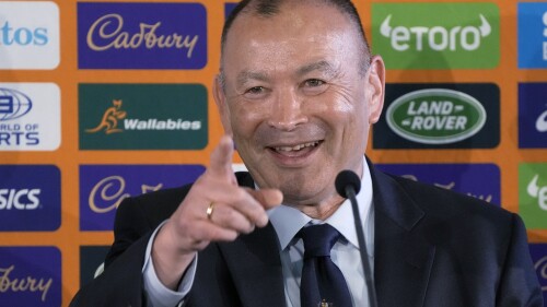FILE - Australian rugby union head coach Eddie Jones attends a press conference at Matraville Sports High School in Sydney on Jan. 31, 2023. The Rugby Championship which starts this weekend provides a chance to experience the second coming of Eddie Jones as Wallabies coach and look for signs of the amazing transformation he is expected to perform. (AP Photo/Rick Rycroft, File)