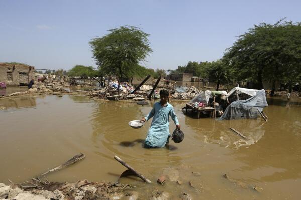 A man looks for salvageable belongings from his flooded home in the Shikarpur district of Sindh Province, Pakistan, Thursday, Sep. 1, 2022. Pakistani health officials on Thursday reported an outbreak of waterborne diseases in areas hit by recent record-breaking flooding, as authorities stepped up efforts to ensure the provision of clean drinking water to hundreds of thousands of people who lost their homes in the disaster. (AP Photo/Fareed Khan)