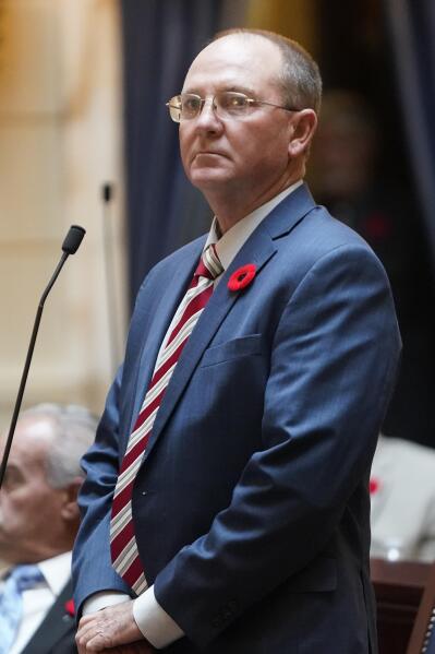 Redistricting committee chairman Sen. Scott Sandall, R-Tremonton, speaks on the Utah Senate floor Wednesday, Nov. 10, 2021, at the Utah State Capitol, in Salt Lake City. The Republican-controlled Utah Legislature approved new a congressional map Wednesday that further carves up Democratic-leaning Salt Lake County and largely ignores the work of an independent redistricting commission approved by voters. The new map now goes to GOP Gov. Spencer Cox, who indicated he will not veto it. (AP Photo/Rick Bowmer)