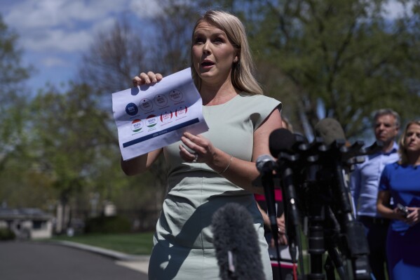 White House press secretary Karoline Leavitt speaks with reporters at the White House, Monday, March 31, 2025, in Washington. (AP Photo/Evan Vucci)