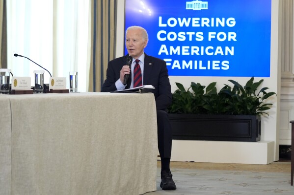 President Joe Biden speaks during a meeting of his Competition Council to announce new actions to lower costs for families in the State Dining Room of the White House in Washington, Tuesday, March 5, 2024. (AP Photo/Andrew Harnik)