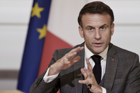 French President Emmanuel Macron speaks during a meeting with officials from Western and Arab nations, the United Nations and nongovernmental organizations at the Elysee Palace, in Paris, Thursday, Nov. 9, 2023. Macron has opened a Gaza aid conference with an appeal for Israel to protect civilians, saying that "all lives have equal worth" and that fighting terrorism "can never be carried out without rules." (Ludovic Marin, Pool via AP)