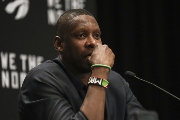 Masai Ujiri, President of Toronto Raptors, speaks to reporters during an NBA basketball media day in Toronto Monday, Oct. 2, 2023. (Chris Young/The Canadian Press via AP)