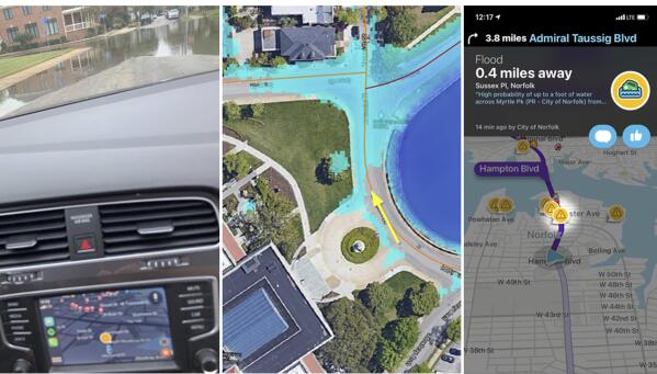 This image provided by Kyle Spencer, acting chief resilience officer for the city of Norfolk, shows a flooded intersection along with a screenshot of the traffic app Waze depiction of the flood area in Norfolk, Va. An Australian tech firm has partnered with the Waze traffic app and the city of Norfolk to warn residents of flooded roadways in real time. (Kyle Spencer via AP)
