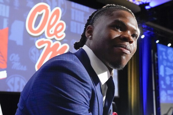 FILE - Mississippi running back Quinshon Judkins responds to questions during NCAA college football Southeastern Conference Media Days, Thursday, July 20, 2023, in Nashville, Tenn. Ole Miss opens their season at home against Mercer on Sept. 2. (AP Photo/George Walker IV)