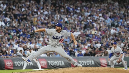 Los Angeles Dodgers starting pitcher Clayton Kershaw works in the sixth inning of a baseball game against the Colorado Rockies Tuesday, June 27, 2023, in Denver. (AP Photo/David Zalubowski)