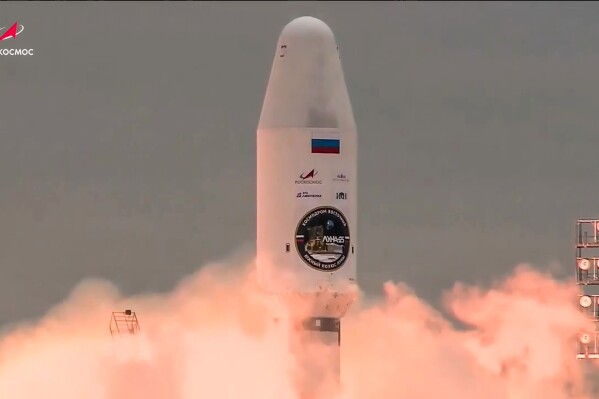 In this photo taken from video and released by Roscosmos State Space Corporation, the Soyuz-2.1b rocket with the moon lander Luna-25 automatic station takes off from a launch pad at the Vostochny Cosmodrome in the Russia's Far East, on Friday, Aug. 11, 2023. The launch of the Luna-25 craft to the moon will be Russia's first since 1976 when it was part of the Soviet Union. The Russian lunar lander is expected to reach the moon on Aug. 23, about the same day as an Indian craft which was launched on July 14. (Roscosmos State Space Corporation via AP)