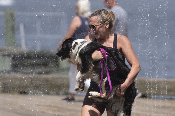 A woman carries her dog through a water fountain on the Halifax waterfront in Halifax, Nova Scotia, Thursday, July 6, 2023. (Darren Calabrese/The Canadian Press via AP)