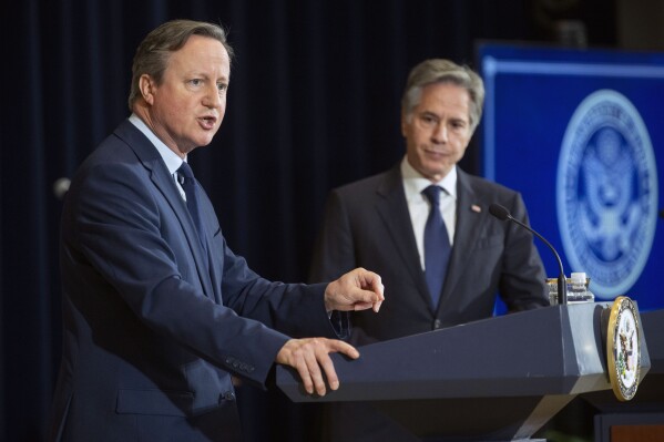 British Foreign Secretary David Cameron, left, speaks during a meeting with Secretary of State Antony Blinken at the State Department on Tuesday, April 9, 2024 in Washington. (AP Photo/Kevin Wolf)