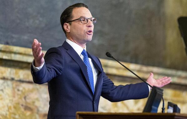 Pennsylvania Gov. Josh Shapiro delivers his first budget address to a joint session of the state legislature, Tuesday, March 7, 2023, at the state Capitol in Harrisburg, Pa. (Dan Gleiter/The Patriot-News via AP)