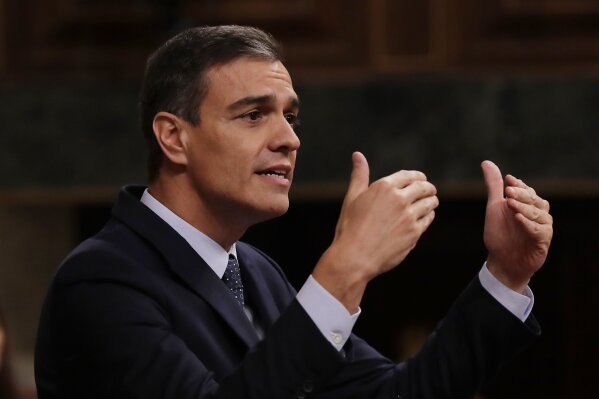 FILE - In this Tuesday, July 23, 2019 file photo, Spain's caretaker Prime Minister Pedro Sanchez speaks at the Spanish parliament in Madrid, Spain. Socialist leader Pedro Sanchez is proposing policies including pension hikes and rent controls in a bid to win parliamentary support for a new term as prime minister, but seems likely to face a new election as he rules out a coalition with an important far-left ally. The caretaker prime minister needs the parliamentary votes of the anti-austerity Podemos (We Can) to stay in office, but its leaders say Sánchez needs to include them in his new cabinet. (AP Photo/Manu Fernandez, file)