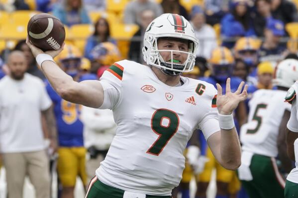 Miami quarterback Tyler Van Dyke (9) throws a pass against Pittsburgh during the first half of an NCAA college football game, Saturday, Oct. 30, 2021, in Pittsburgh. (AP Photo/Keith Srakocic)