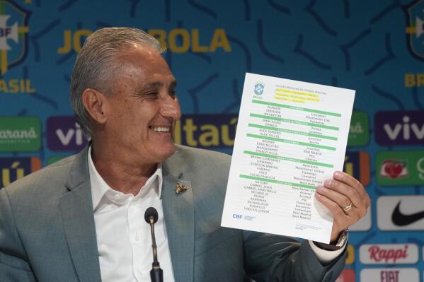 Brazil's soccer team coach Tite announces his list of players for the 2022 Soccer World Cup in Qatar at a news conference in Rio de Janeiro, Brazil, Monday, Nov.7 , 2022. (AP Photo/Silvia Izquierdo)