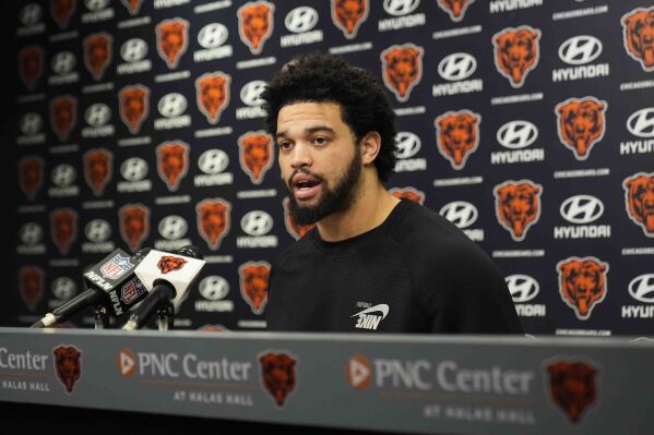 Chicago Bears quarterback Caleb Williams speaks to members of the media at Halas Hall a day after the team's last game of the season against Green Bay, Monday, Jan. 6, 2025, in Chicago. (AP Photo/Erin Hooley)