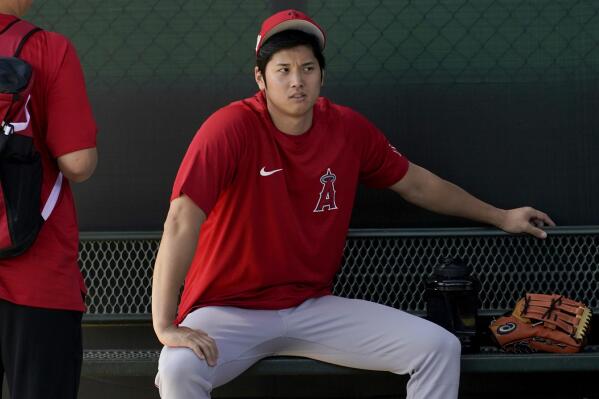 Shohei Ohtani attends a workout of the Los Angeles Angels' spring