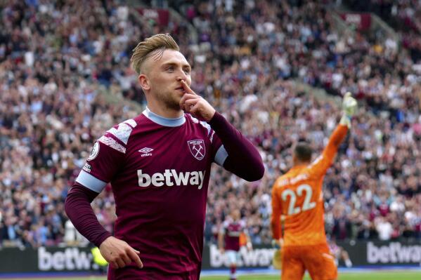 West Ham United's Jarrod Bowen celebrates scoring his side's second goal of the game, during the English Premier League soccer match between West Ham United and Leeds United, at the London Stadium, in London, Sunday May 21, 2023. (John Walton/PA via AP)